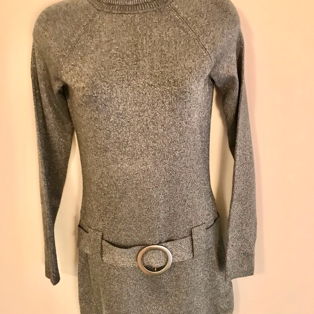 INC  silver Shimmer belted turtleneck tunic sweater dress Sm - Picture 3 of 7